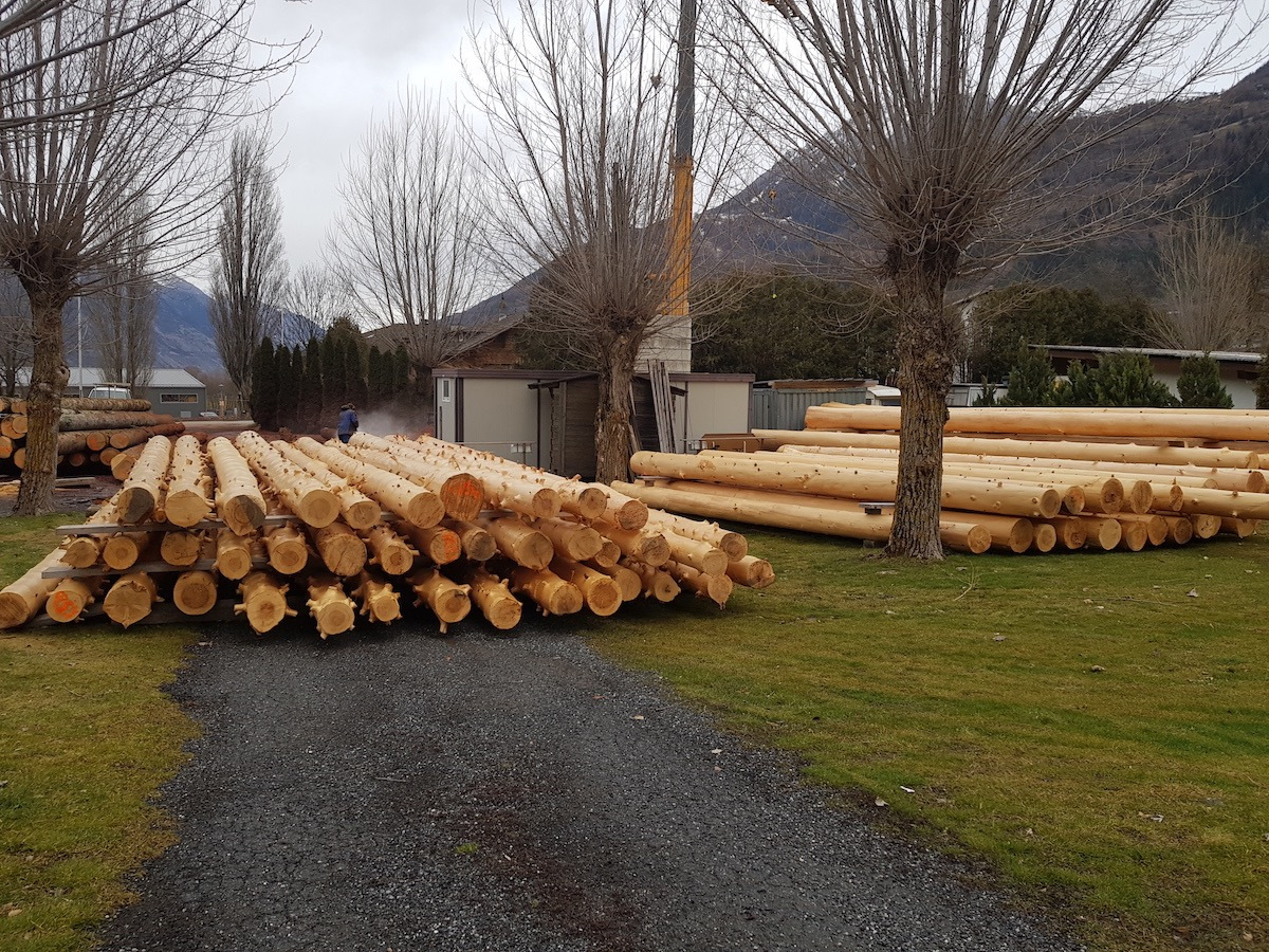 Baumstämme entrinden fürs Blockhaus (2020)